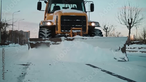 Wallpaper Mural Yellow snow plow truck clearing snow from a road during winter at dusk. Torontodigital.ca