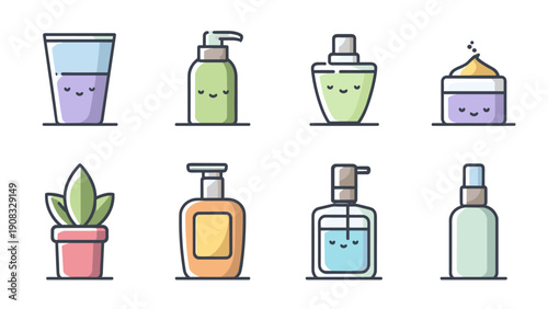 Cute kawaii style cosmetic bottles and skincare products with smiling faces