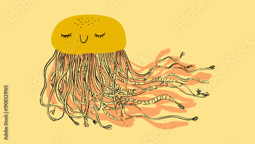 Whimsical yellow jellyfish with long flowing tentacles