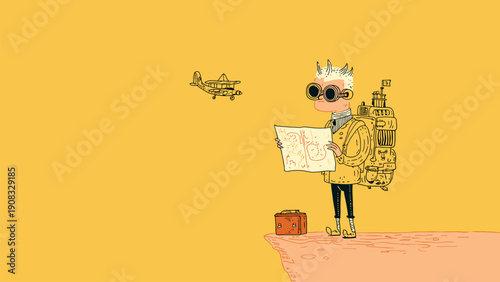 Adventurous traveler with backpack and map looking at plane