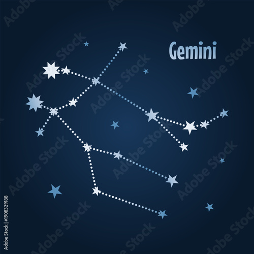 Gemini zodiac constellation star map in the night sky. Vector illustration