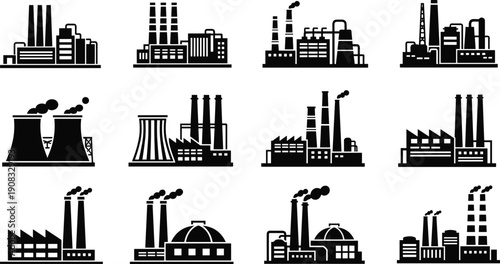 Industrial Factory Silhouette Icons Set with Power Plant, Oil Refinery and Manufacturing Buildings Isolated on White Background for Industry Design