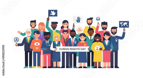Diverse group of people celebrating Human Rights Day with signs  