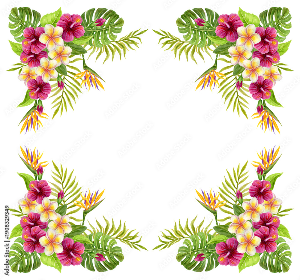 Fototapeta premium Tropical flowers frame. Floral tropics ornament. Watercolor painting with pink Hibiscus rose flowers and palm leaves. Tropic summer composition.