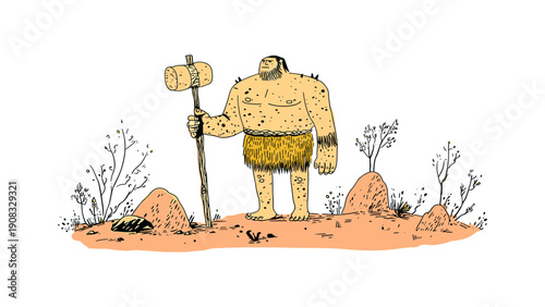 Primitive caveman character holding a large wooden mallet in a desert landscape