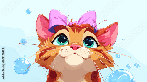 Cute orange kitten with large teal eyes and a pink bow surrounded by bubbles