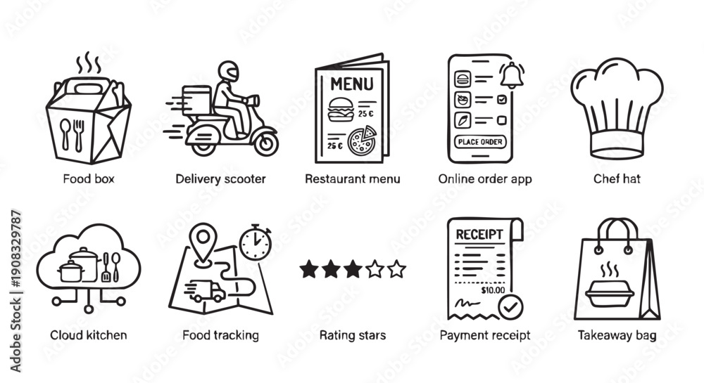 Fototapeta premium Collection of outline icons representing various aspects of modern food delivery services