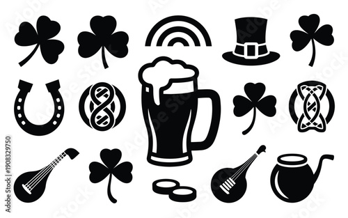 St patrick's day icons set with shamrocks beer and irish symbols on white background