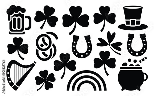 St patrick's day icons including shamrocks horseshoes and beer on white background