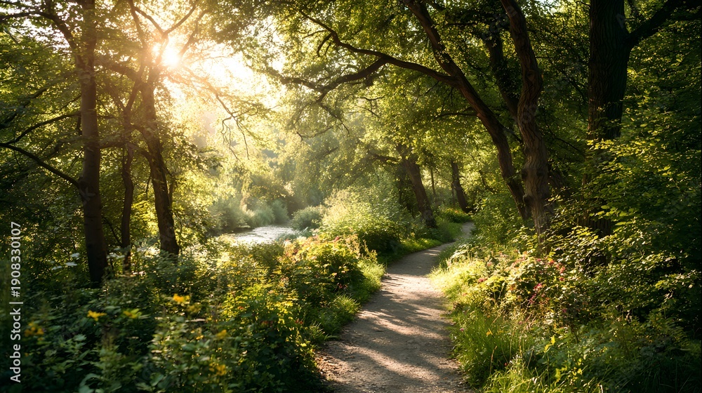 Fototapeta premium Sunlight Streams Through Lush Green Forest Path.