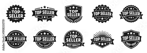 Top seller badge in black. Bestseller label with stars for popular products and marketing