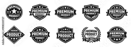 Premium product badge collection in black. Set of luxury labels with stars shields and quality focus