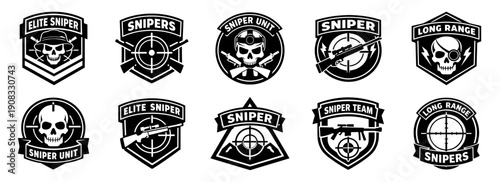 Sniper military badge in black. Precision combat emblem with rifle scope and long range concept