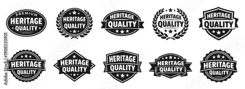 Heritage quality badge collection in black. Set of vintage labels with stars laurels and legacy style