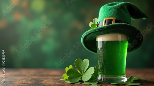 Glass of green foamy beer with leprechaun hat. Green clover decoration. Symbols of St. Patrick's Day. 
