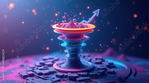 Vivid 3D sales funnel showcases stages of lead conversion and digital marketing analytics. Abstract background highlights data driven decision making and business growth visualization