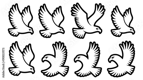 A dynamic sequence of black outline eagles captured in various stages of flight.