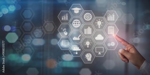E learning technology concept. Online education, webinar, online courses..AI and machine learning enhance personalised learning. Digital training to employee, compliance, customer.