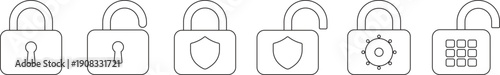 Minimal line art lock and unlock icon set featuring security, privacy, protection, password access, data safety and cybersecurity concepts for UI, UX and web design.