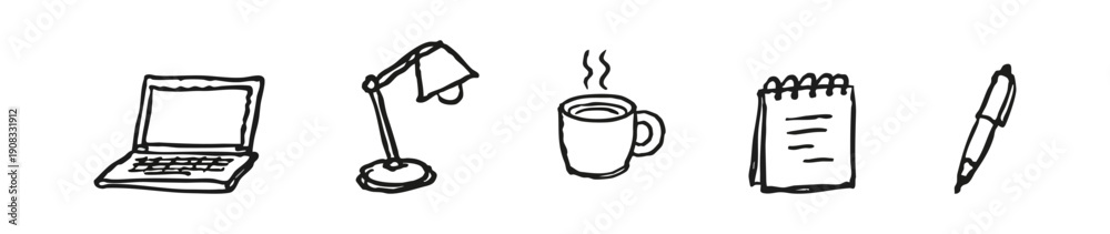 Φωτογραφία Hand-drawn doodle set of office essentials including a laptop, lamp, coffee mug, notepad, and pen on a white background