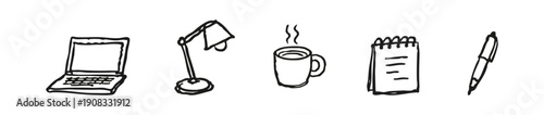 Hand-drawn doodle set of office essentials including a laptop, lamp, coffee mug, notepad, and pen on a white background.