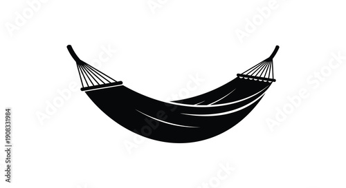 A minimalist black and white illustration depicts a simple hammock suspended between two points suggesting relaxation high quality