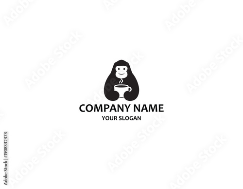 Monkey hold mug coffee drink logo vector icon illustration