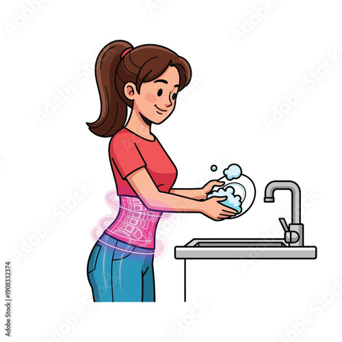 Woman Washing Dishes with Core Support Glow. Illustration of Good Posture and Back Health During Housework.