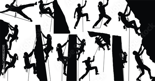 Rock Climbing Silhouette Set Vector Collection of Climbers on Cliff and Wall Isolated on White Background for Adventure Sports Design
