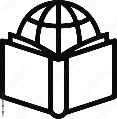Open Book with Globe Education Icon, Black and white outline icon of an open book with a globe above it, symbolizing global education, world knowledge, and international learning.

