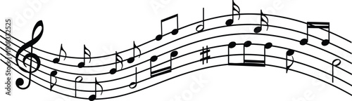 Flowing music notes and treble clef staff illustration representing melody, rhythm, harmony, and musical composition isolated on white background