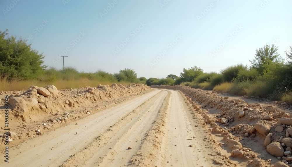 Fototapeta premium Dirt road stretching through rocky rural landscape under clear blue sky