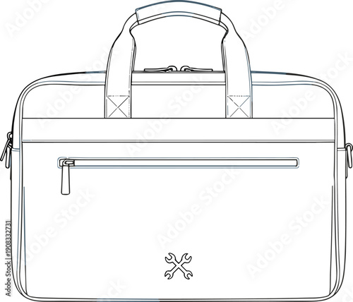 Laptop briefcase technical line sketch illustration showing front view modern business bag design with zipper pocket and handles isolated on white backgroundLaptop briefcase 
