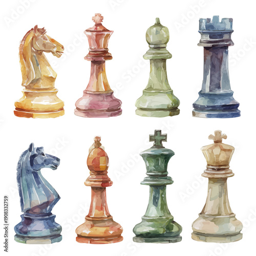 Chess Pieces, watercolor painting vector, isolated on a white background.