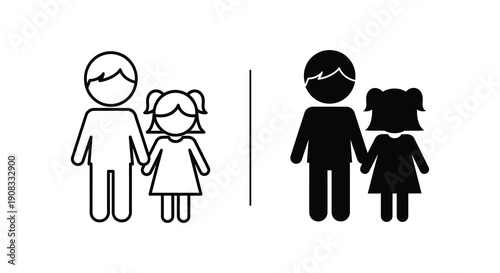 A simple black and white illustration depicts two pairs of figures a boy and a girl separated by a line