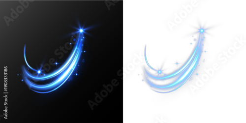 Glowing blue curved arrow trails with sparkling star tips and neon light streaks, creating a magical upward motion effect on dark or transparent backgrounds.