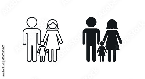 Two depictions of families one in outline and one solid black showing a mother father and child