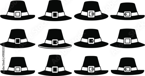 Pilgrim hat silhouettes set with buckle variations illustration representing Thanksgiving, colonial style, and festive holiday design isolated on white background