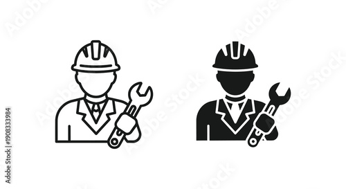 Two monochrome icons depict construction workers holding wrenches representing skilled labor and repair services high quality professional detailed