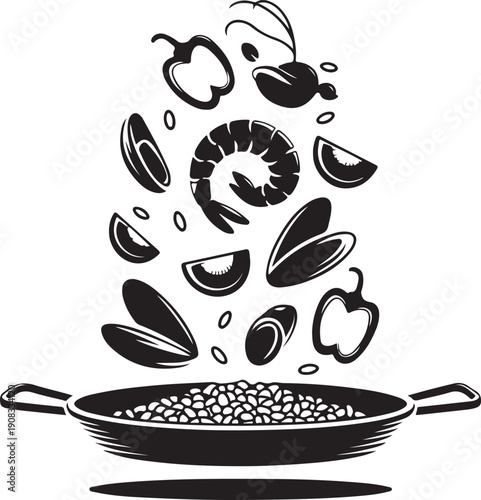 Paella Ingredients Falling Into Pan, Black and White Vector Icon