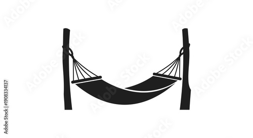 A simple black and white illustration depicts a black hammock suspended between two dark posts or stands