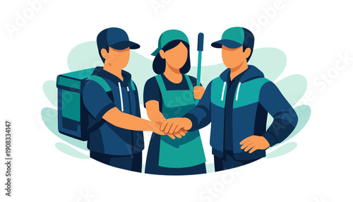 Teamwork of delivery and cleaning service workers joining hands.