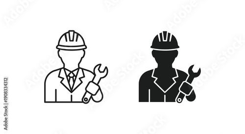 Two contrasting depictions of a construction worker holding a wrench one outlined and one solid black high quality