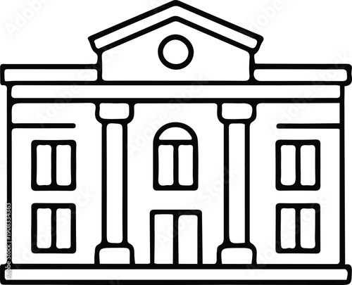Classical University Building Icon Outline Design, Simple black and white university building icon with columns and pediment, representing education, college campus, and academic institution.


