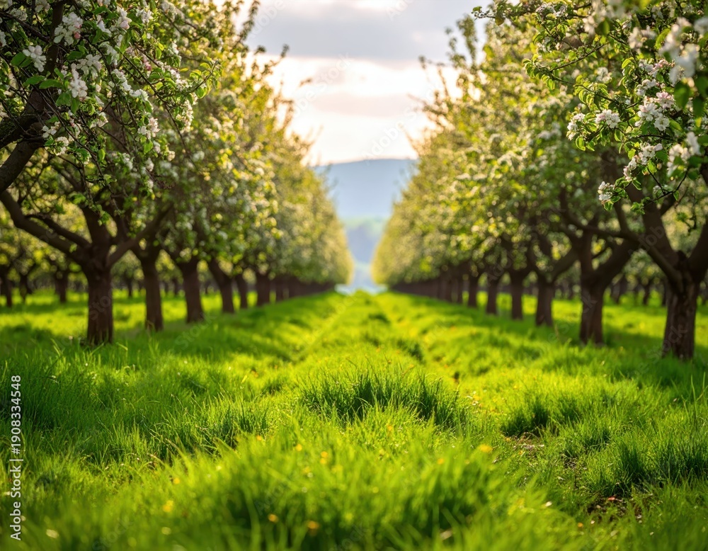 Fototapeta premium Serene Blooming Orchard Path Surrounded by Vibrant Green Grass
