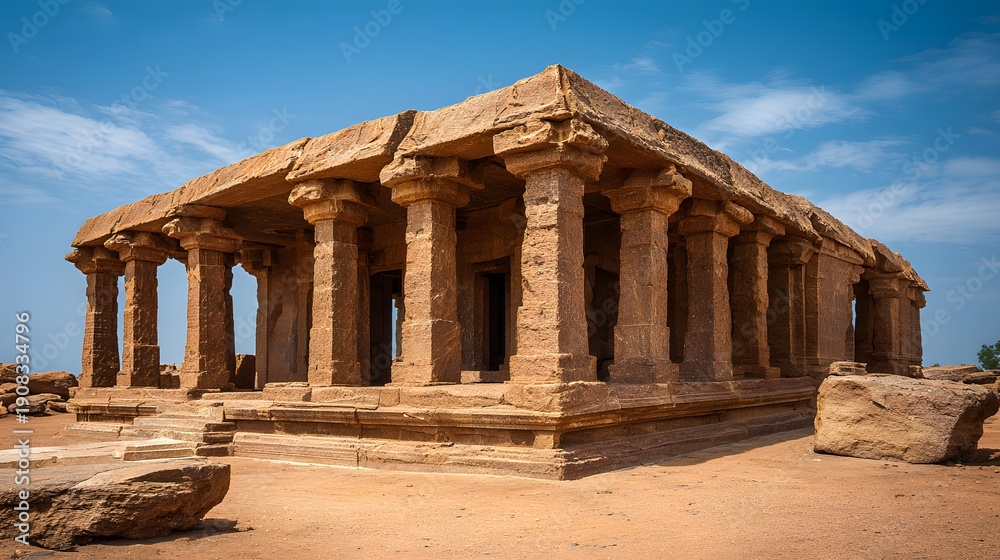 Fototapeta premium Ancient Stone Temple With Ornate Pillars Under Blue Sky.