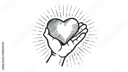 Caring hand cradling a heart with radiant light