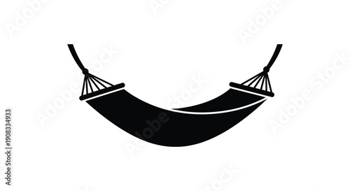 A simple black and white illustration depicts a curved hammock suspended by ropes suggesting relaxation and leisure
