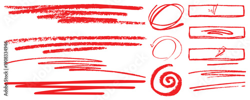 Red Brush Stroke Underline Set with Marker Highlights and Hand Drawn Swoosh Accents Vector Illustration. Scribble and Doodle Underline Elements with Crayon, Chalk and Pencil Texture.