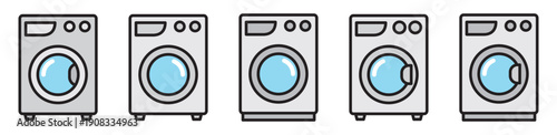 Washing machine icon set in solid color style with editable strokes, isolated on a transparent background. Ideal for laundry services, home appliances, cleaning concepts, household equipment design.